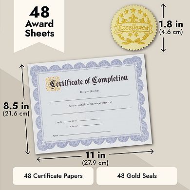 48 Sheets Blue Certificate Of Completion Award Paper W/ Foil Stickers, 8.5 X 11
