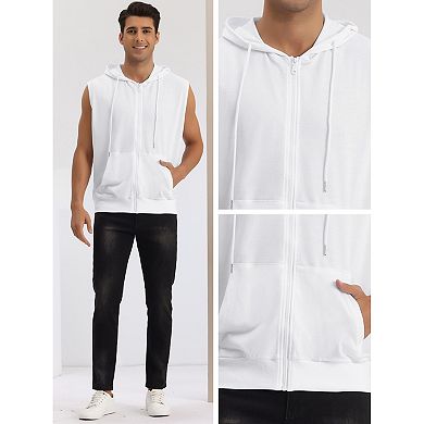 Sleeveless Hoodie For Men's Zipper Drawstring Hooded Sweatshirt Vest