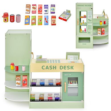 Kids Wooden Supermarket Play Toy Set With Checkout Counter-Green