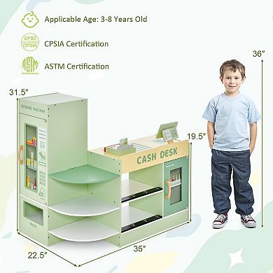 Kids Wooden Supermarket Play Toy Set With Checkout Counter-Green