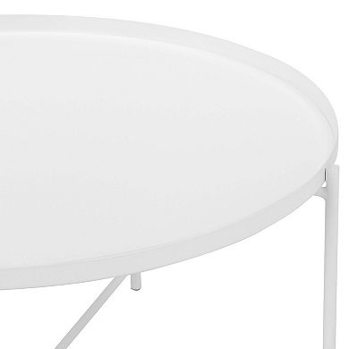 Ely 33 Inch Coffee Table, Round Top With Cross Base, White Metal Finish