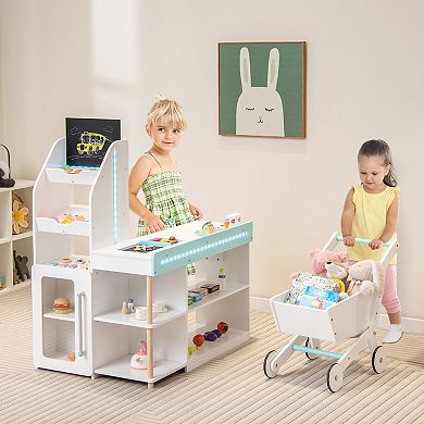 Wooden Kids Supermarket Playset With Cash Register And Shopping Cart-white