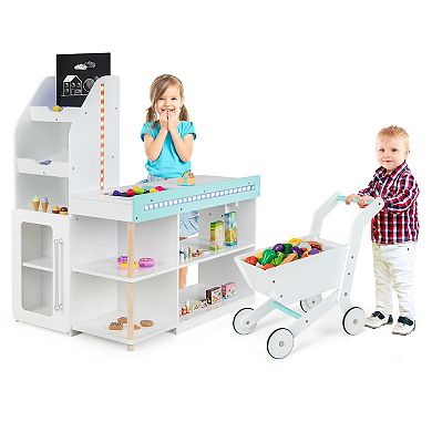 Wooden Kids Supermarket Playset With Cash Register And Shopping Cart-white