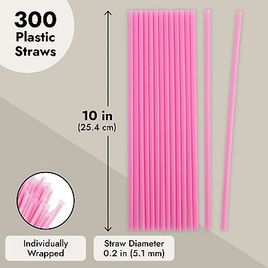 300 Count Plastic Pink Disposable Drinking Straws For Baby Shower, Birthday, 10"