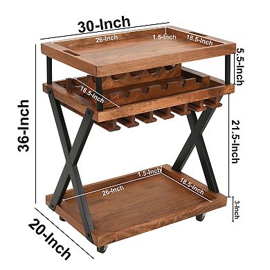 30 Inch Rolling Wine Bar Cart, 2 Tray Tops, Stemware Rack, Bottle Holder, Natural Brown Mango Wood