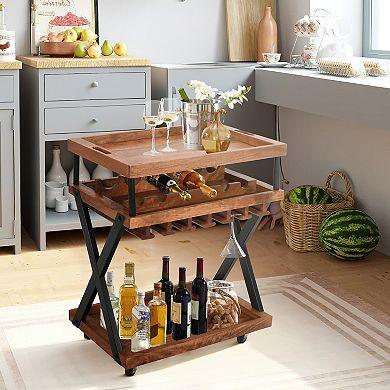 30 Inch Rolling Wine Bar Cart, 2 Tray Tops, Stemware Rack, Bottle Holder, Natural Brown Mango Wood