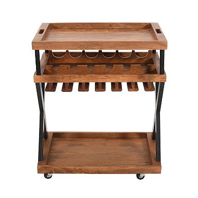 30 Inch Rolling Wine Bar Cart, 2 Tray Tops, Stemware Rack, Bottle Holder, Natural Brown Mango Wood