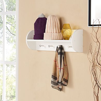 White Utility Shelf With Four Large Stainless Steel Hooks