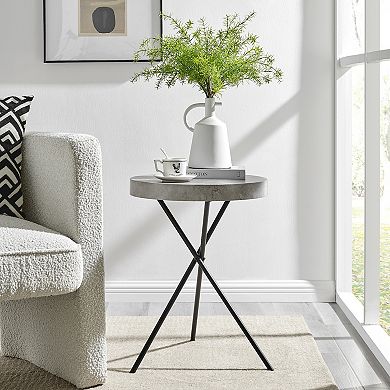 Circular Modern Grey Concrete Finish Veneer Stone Top Black Metal Legs Accent Table