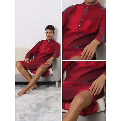 Plaid Nightshirt For Men's Henley Collar Color Block Checked Pattern Sleepshirt