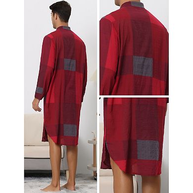 Plaid Nightshirt For Men's Henley Collar Color Block Checked Pattern Sleepshirt