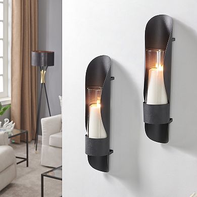 Wall Mount Hugging Metal Candle Sconces With Glass Inserts - (set Of 2) - Black