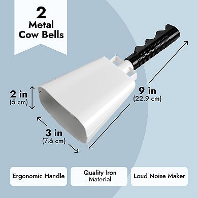 2 Pack Large White Metal Cowbells For Football Games, 9" Percussion Noise Makers