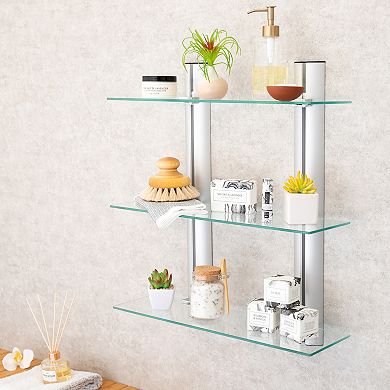 Decorative Wall-mount 3-tier Adjustable Glass Wall Shelves On Aluminum Bars