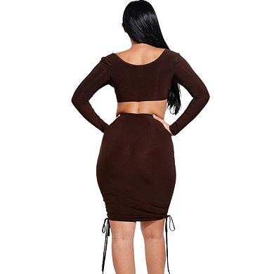 Fashnzfab Solid Long Sleeve Ruched Short Dress With O Ring