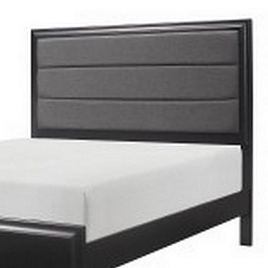 Zen Queen Size Bed, Gray Poly Upholstered Headboard, Espresso Brown Wood