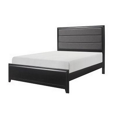 Zen Queen Size Bed, Gray Poly Upholstered Headboard, Espresso Brown Wood