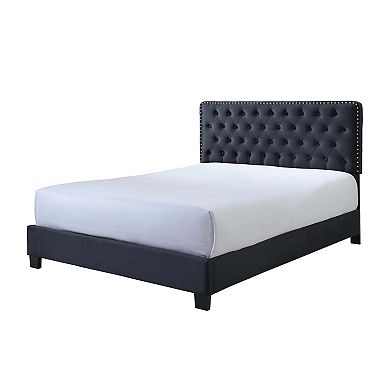 Jane Queen Size Bed, Low Profile, Black Tufted Fabric Upholstered Headboard