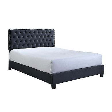 Jane Queen Size Bed, Low Profile, Black Tufted Fabric Upholstered Headboard