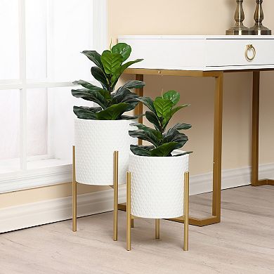 LuxenHome 2-piece Diamond Pattern Round Metal Cachepot Planter Set, White With Gold Stands