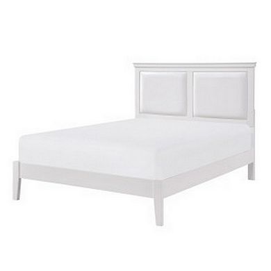 Brite Queen Size Bed, White Faux Leather Upholstered Headboard, Low Profile