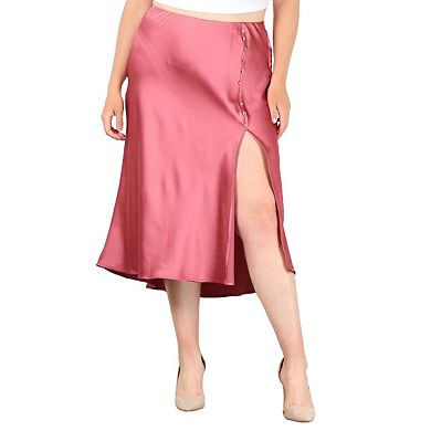 Fashnzfab Solid High-waist Skirt With Button Trim And Side Slit
