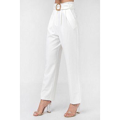 A Solid Pant Featuring Paperbag Waist With Rattan Buckle Belt