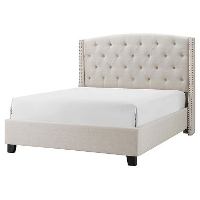 Elle Queen Size Bed, Low Profile, Ivory Button Tufted Upholstered Headboard