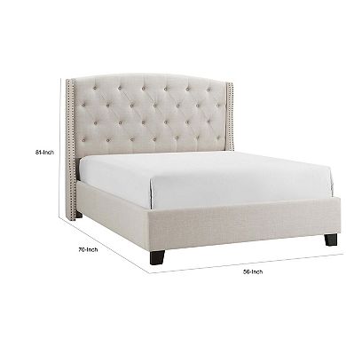 Elle Queen Size Bed, Low Profile, Ivory Button Tufted Upholstered Headboard