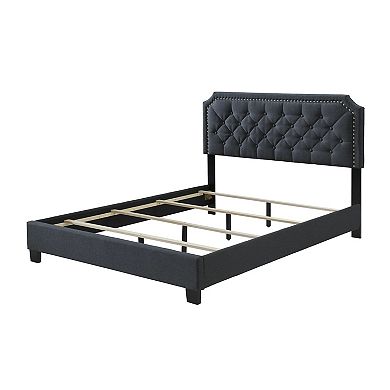 Shiran Queen Size Bed, Tufted Fabric Upholstered Headboard, Wood, Black
