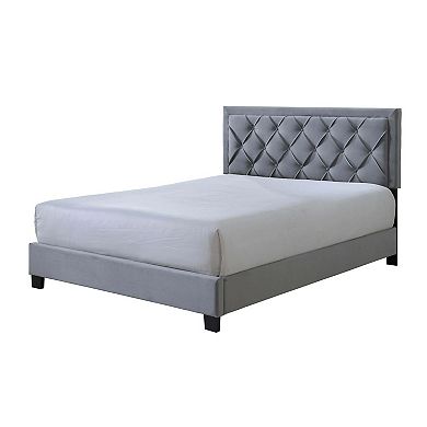 Mars Queen Size Platform Bed, Tufted Fabric Upholstered Headboard, Gray