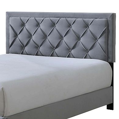 Mars Queen Size Platform Bed, Tufted Fabric Upholstered Headboard, Gray