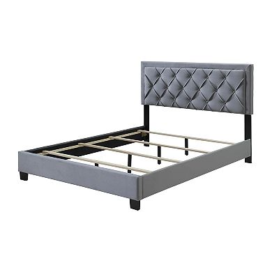 Mars Queen Size Platform Bed, Tufted Fabric Upholstered Headboard, Gray