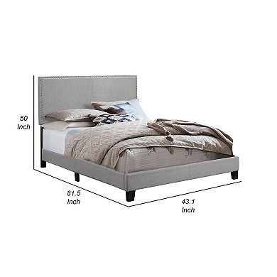 Shirin Twin Size Bed, Wood, Nailhead Trim, Upholstered Headboard, Gray