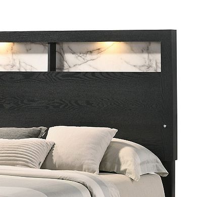 Yoh Queen Size Bed, Wood, Headboard With Lights And Shelves, Black