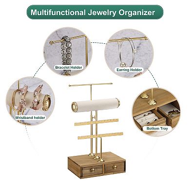 Jewelry Stand Holder With Storage Drawer, Metal Necklace Display Organizer For Bracelets, Rings