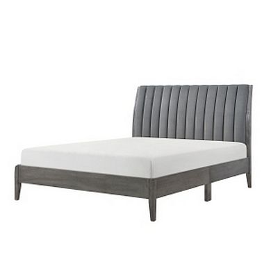 Queen Size Platform Bed, Channel Tufted Upholstered Back, Gray Velvet