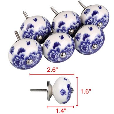6pcs Peony Pattern Hand Painted Ceramic Door Knobs Cabinet Drawer Pull Handles