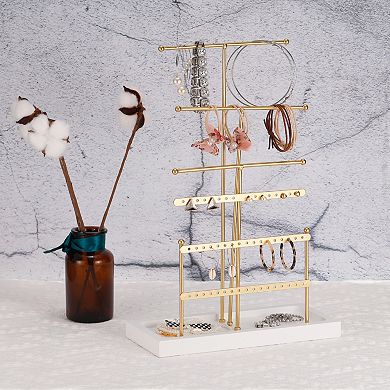 Jewelry Stand Holder, 6 Tier Metal Earring Tower With Wood Tray For Bracelets, Rings, Necklaces