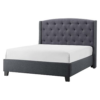 Elle Queen Size Bed, Low Profile, Gray Button Tufted Upholstered Headboard