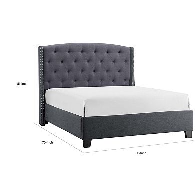Elle Queen Size Bed, Low Profile, Gray Button Tufted Upholstered Headboard