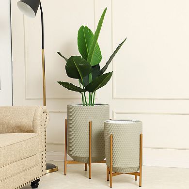 LuxenHome Set Of 2 Gray Honeycomb Metal Cachepot Planters With Gold Stands