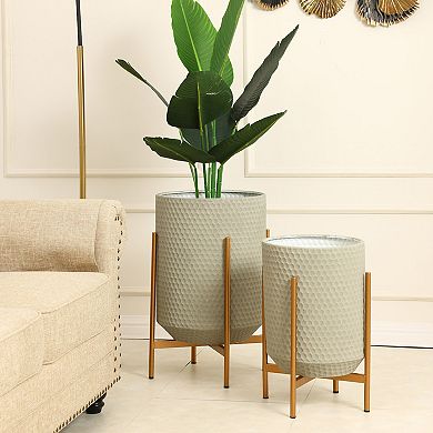 LuxenHome Set Of 2 Gray Honeycomb Metal Cachepot Planters With Gold Stands