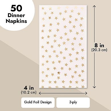 50 Pack White And Gold Dinner Napkins, Disposable W/ Gold Stars 3 Ply, 4x8 In