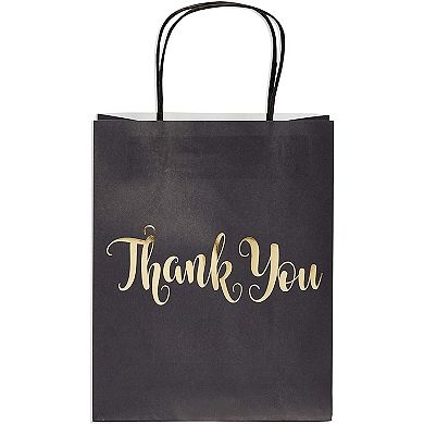 24 Pack Small Gold Foil Paper Thank You Gift Bags With Handle, (8 X 10", Black)