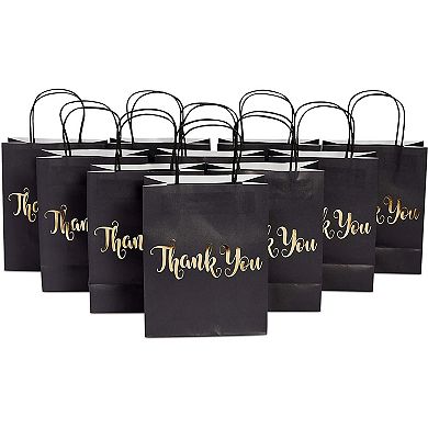 24 Pack Small Gold Foil Paper Thank You Gift Bags With Handle, (8 X 10", Black)