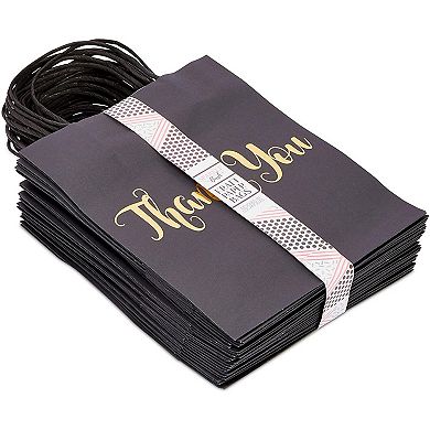 24 Pack Small Gold Foil Paper Thank You Gift Bags With Handle, (8 X 10", Black)