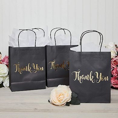 24 Pack Small Gold Foil Paper Thank You Gift Bags With Handle, (8 X 10", Black)