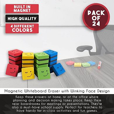 24 Pack Magnetic Mini Dry Erase Erasers For Classroom School, 4 Colors, 2x0.7"