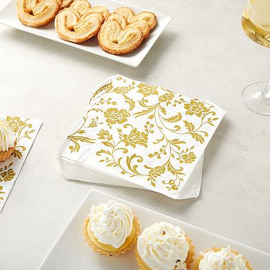 100 Pack White And Gold Floral Paper Napkins, Wedding Party Supplies, 6.5 In